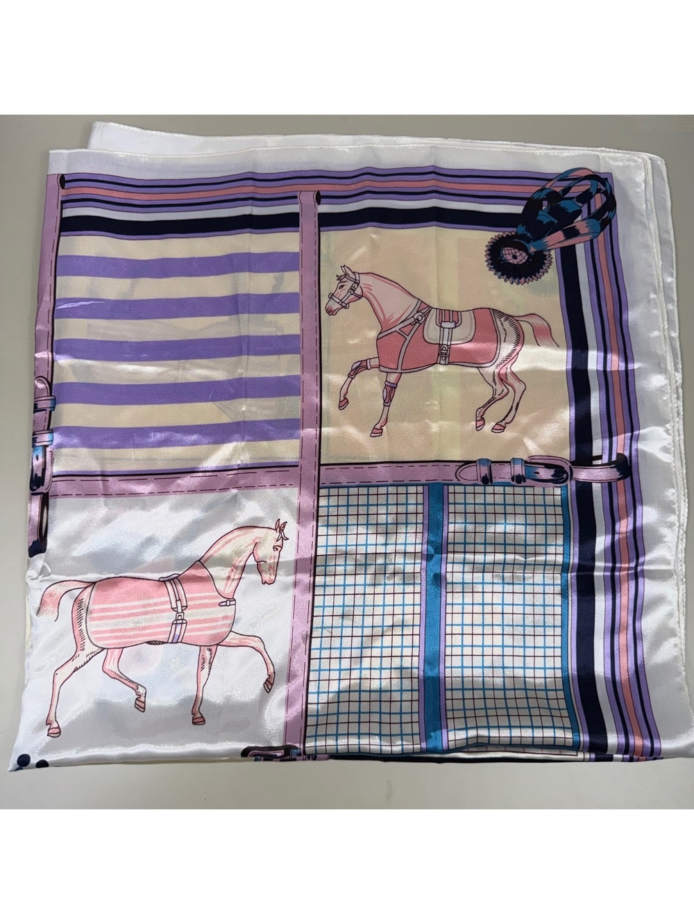 Horse Equestrian Satin Scarf 90x90cm Pink Blue Square